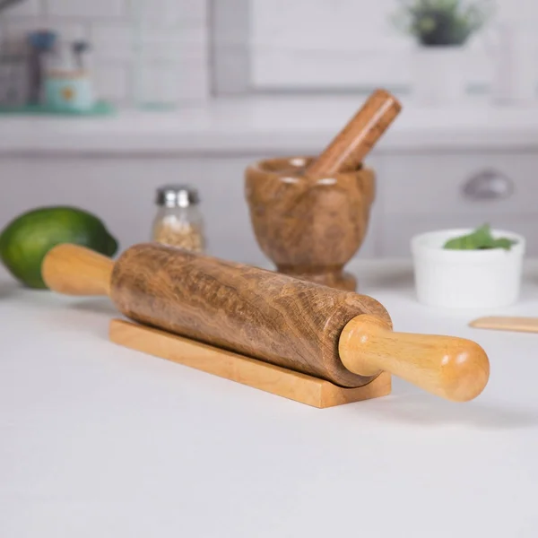 Creative Home 18x22 L Deluxe Genuine Mocha Marble Stone Rolling Pin with Wood Handles & Cradle