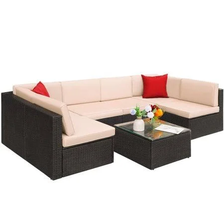 Lacoo 7 Pieces Patio Rattan Sectional Set Outdoor Conversation Set with Chushions and Table - Beige