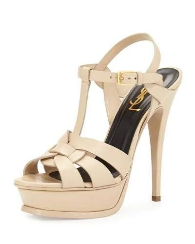 Saint Laurent Tribute Leather Platform Sandals - Poudre, Women's, 41EU, Sandals Platform Sandals