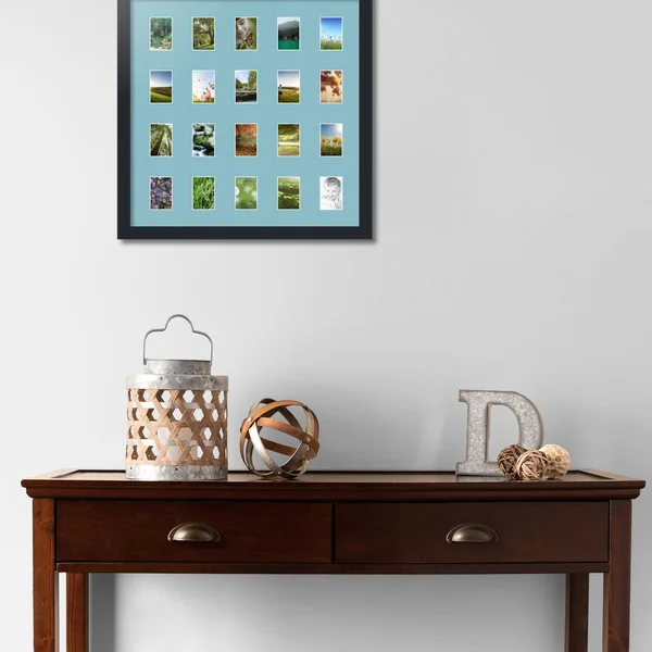 Collage Picture Frame, Satin Black Frame with 20 openings for 2x3 Photos with French Blue Mat. D3926FB398, ArtToFrames