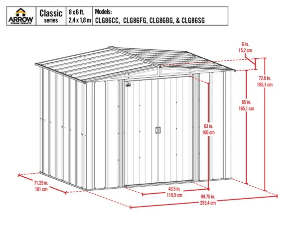Arrow Classic Steel Storage Shed, 8 ft. x 6 ft., Blue Grey