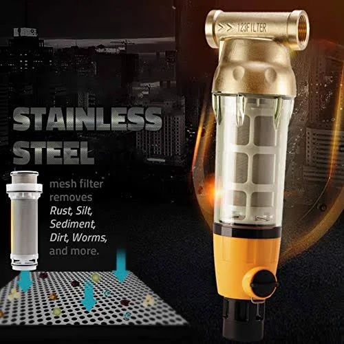 iSpring WSP100B Large Reusable Whole Spin-Down Sediment Water Filter with Scraper and Brass Top Clear Housing - 100 Micron