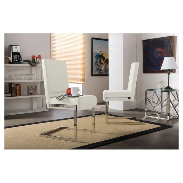 Baxton Studio Toulan Modern and Contemporary White Faux Leather Upholstered Stainless Steel Dining Chair (Set of 2)