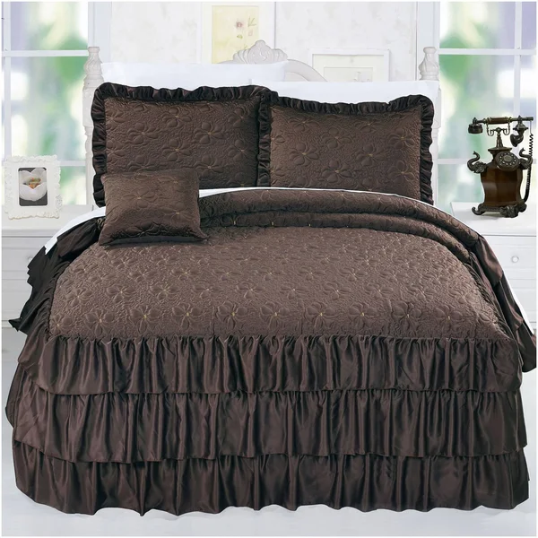 Serenta 4 Piece Matte Satin Ruffle Quilted Bedspread Set - Pink, Queen