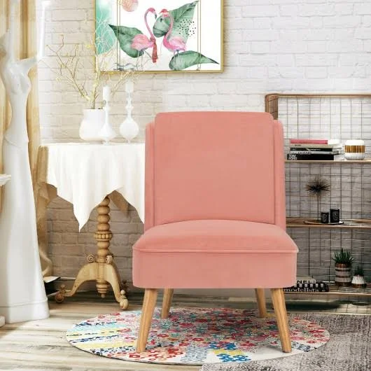 Velvet Accent Chair with Rubber Wood Legs for Living Room-Pink - Costway