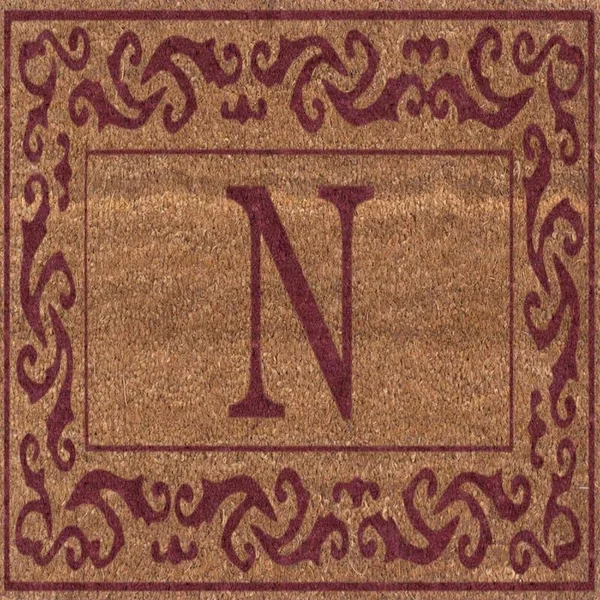 Cocomatsnmore Monogram (N) Vinyl Backed Red Rolling Scrolls Border Doormats 18 inch x 30 inch, Beige