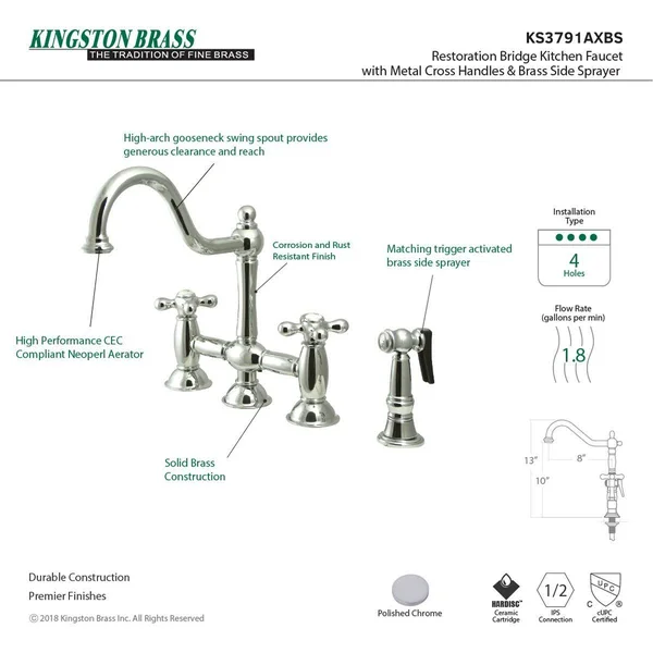 Kingston Brass KS3791AXBS Restoration Bridge Kitchen Faucet with Brass Sprayer, Polished Chrome