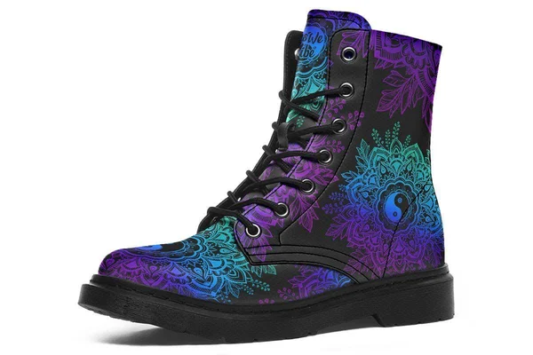 Yin Yang Mandala Boots, Vegan Black Boots, YesWeVibe Men's Boots, Black Sole, US 6, EU39
