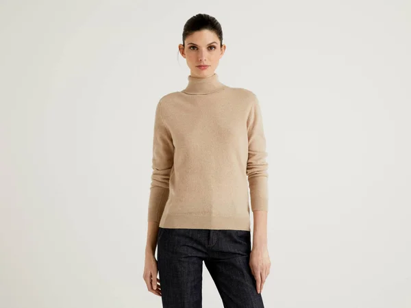 Benetton, Beige Turtleneck Sweater in Pure Merino Wool Customizable, Size M, Beige, Women