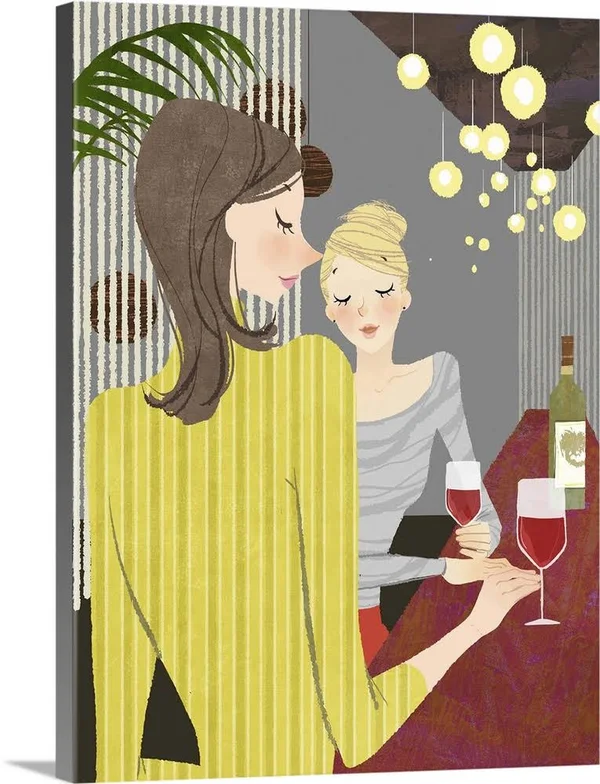 Two Woman with Wine at Bar Counter, Canvas Wall Art, 36x48, Great Big Canvas