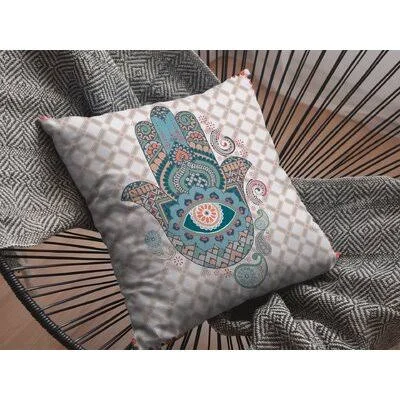 Hamsa Broadcloth Indoor Outdoor Blown and Closed Pillow Orange on Blue Bungalow Rose Size: 18x22 x 18