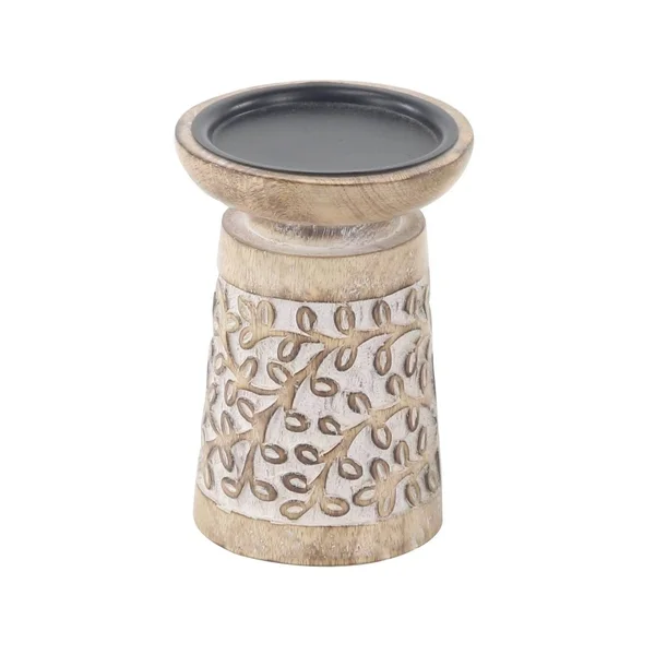 The Curated Nomad Buckroe 3-Piece Rustic Mango Wood Flourish-Patterned Candle Holder Set