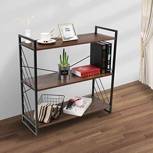 NOZE 3 Tier Industrial Bookshelf, Storage Rack Shelf for Home and Office, Rustic Bookcase, Walnut