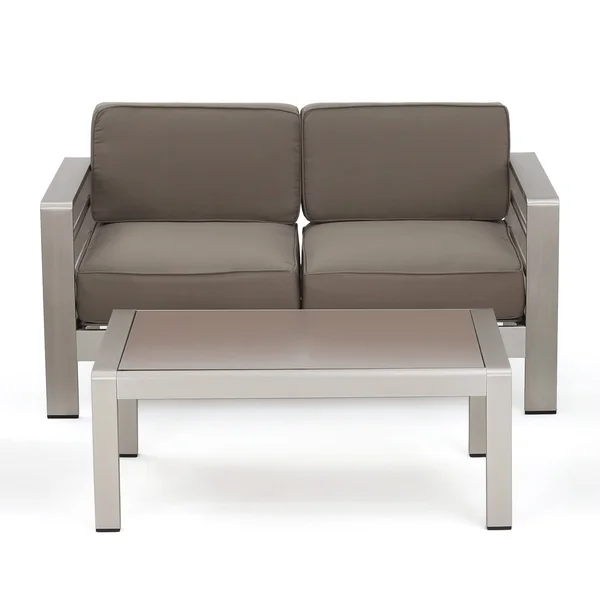 Cybele Doris Outdoor Silver Aluminum Loveseat and Coffee Table Set with Water Resistant Cushions, Light Teal
