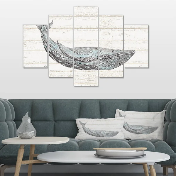 Designart &Blue Whale Watercolor& Nautical & Coastal Gallery-Wrapped Canvas - 60 in. Wide x 32 in. High - 5 Panels Diamond S