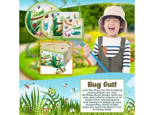 Creative Converting Birthday Bugs Party Dinnerware Bundle - Napkins, Plates, Table Cover, Bug-Themed Birthday Party, Baby Showe