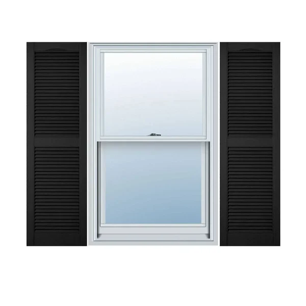 12 inchw x 66 inchh Lifetime Vinyl, Custom Straight Top Center Mullion, Open Louver Shutters, Black