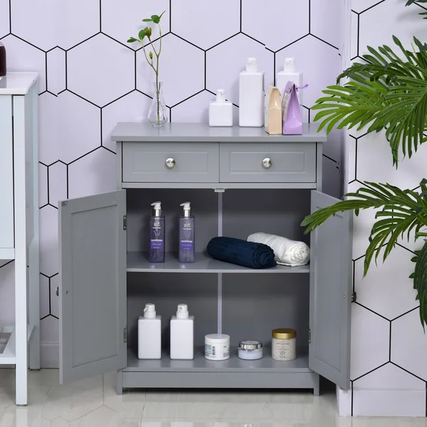 Kleankin Freestanding Bathroom Storage Cabinet Organizer Floor Tower with 2 DOOR - 2 Drawers, Adjustable Shelf, Grey