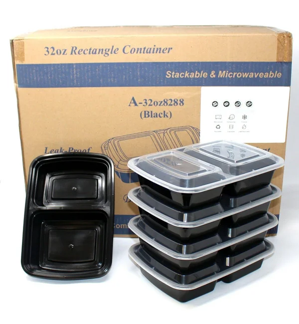 150 Black Meal Prep Microwavable Rectangular Food Lunch Container Lid 38 oz 8x6