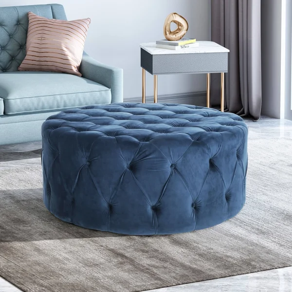 Christopher Knight Home Sabina Round Tufted Velvet Ottoman, Blue