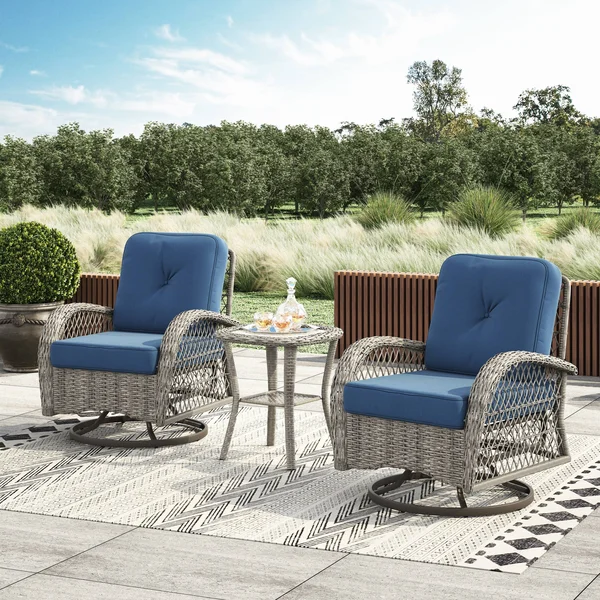 Corvus Livorno Outdoor 3-Piece Wicker Chat Set with Swivel Chairs - Blue