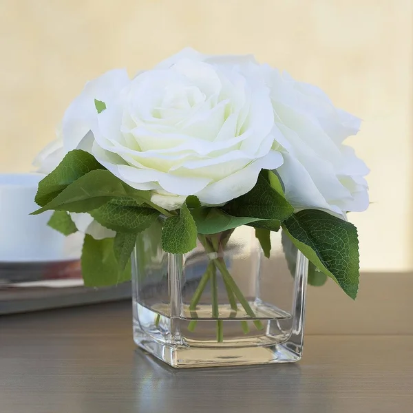 Enova Home 4 Large Heads Velvet Rose Flower in Cube Glass Vase with Faux Water
