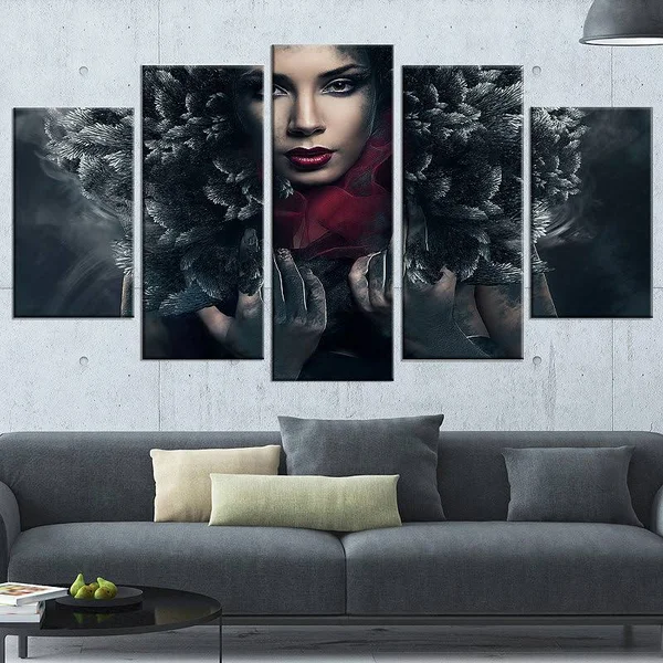 Design Art Passionate Woman in Feather Hood - Art Portrait Canvas Print - 60 x 28 5 Equal Panel