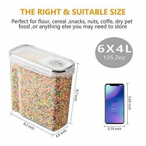 SODPE 6 Pack Cereal Containers Storage Set - BPA Free - Airtight Food Storage Container with Lids - 135.2oz for Snacks, Sugar, Ri