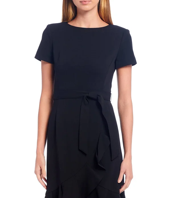 Calvin Klein Women's Ruffle Hem Belted Dress, Cream, 8