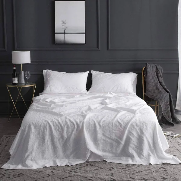 Simpleu0026Opulence 100% Linen Sheet Set Queen Embroidery White (Embroidery White - Queen)