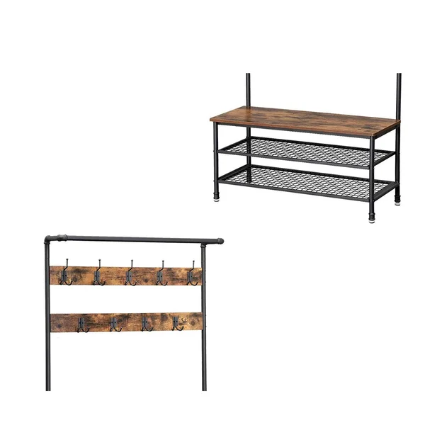 Benjara Metal Coat Rack with Wooden Bench and Two Wire Meshed Shelves - Brown and Black