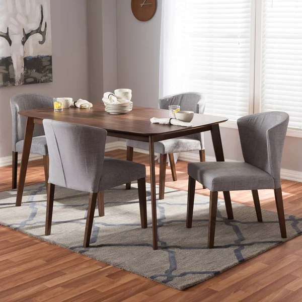 Baxton Studio Cassie Mid-Century Modern Walnut Wood Light Grey Fabric 5-Piece Dining Set