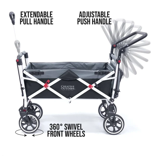 Push Pull Titanium Series Plus Folding Wagon Stroller with Canopy, Black Black/Gray, Assembly Required