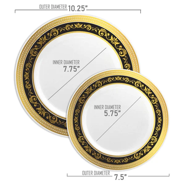 Royal 10.25x22 White with Black and Silver Rim Disposable Plastic Dinner Plates - Posh Party Supplies