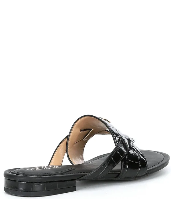 Lauren Ralph Lauren Rosalind Croco Embossed Leather Sandals, Womens, 10M, Deep Saddle Tan
