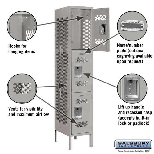 Salsbury Industries 73162GY-U Triple Tier 12-Inch Wide 6-Feet High 12-Inch Deep Unassembled Vented Metal Locker, Gray