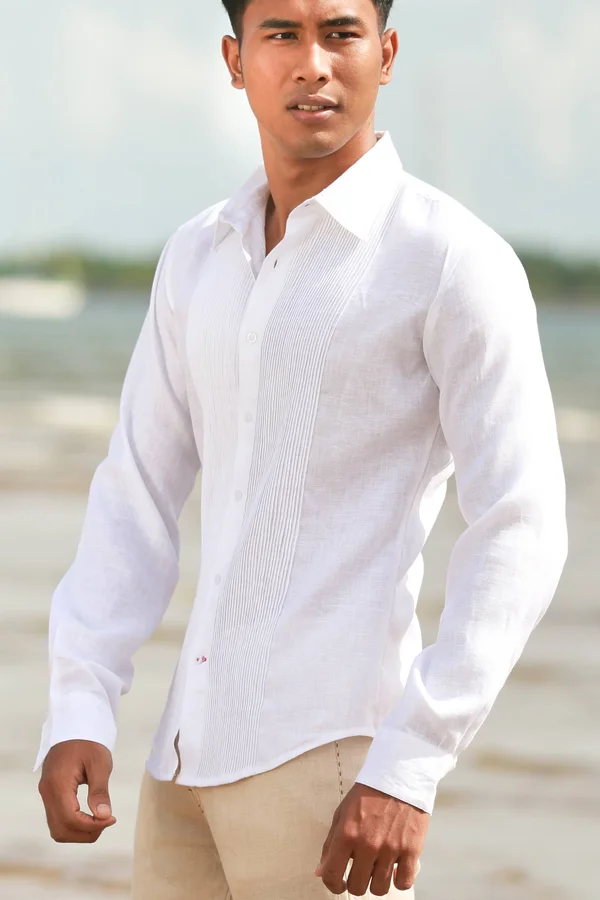 Men's Linen Guayabera Long Sleeve White Havana Shirt