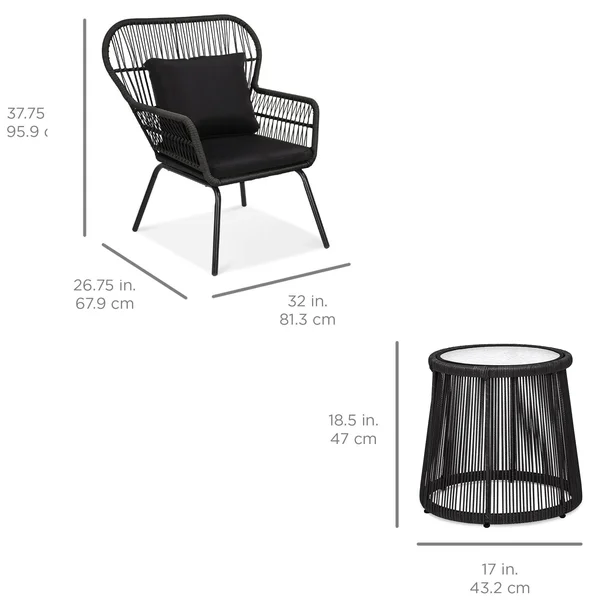 Best Choice Products 3-Piece Patio Conversation Bistro Set, Outdoor Wicker w/ 2 Chairs, Cushions, Side Table - Black