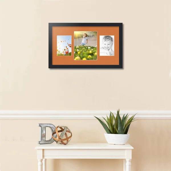 Collage Picture Frame - Satin Black Frame with 3 openings for 8x10 Photos with Orange Octoberfest Mat. D3926DP200, ArtToFrames