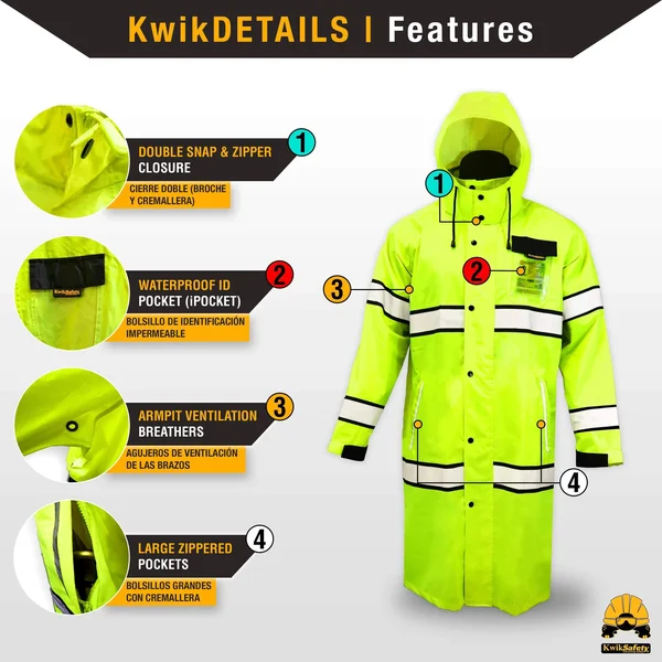 KwikSafety (Charlotte, NC) Torrent Class 3 Safety Trench Coat, High Visibility Waterproof Windproof Safety Rain Jacket, Hi Vis