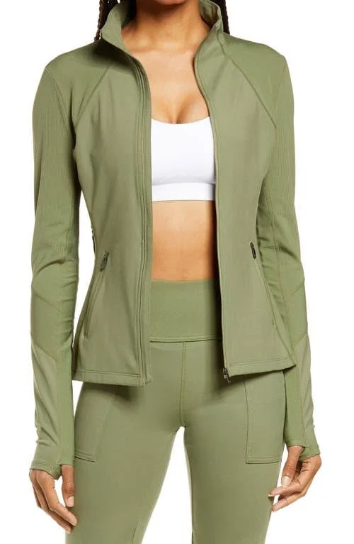 Zella Studio Lite Ribbed Detail Track Jacket, Size X-Small in Olive Branch at Nordstrom