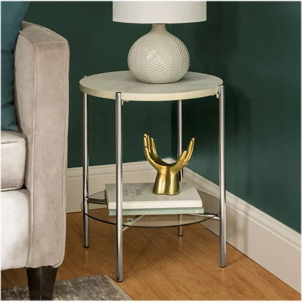 Walker Edison - Modern Round Side/End Table - White Faux Marble/Glass/Chrome BBF20SRDSTWMCR