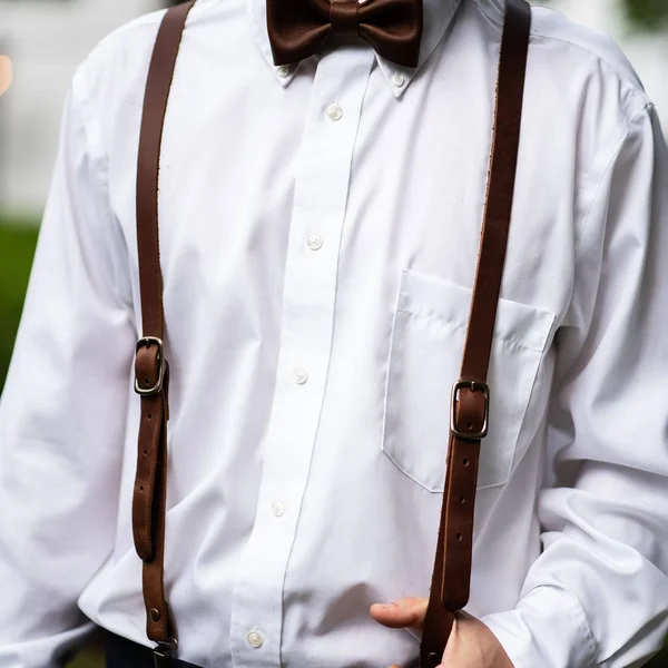 Fine Leather Suspenders - for Groomsmen & Wedding Party - Made in USA, Medium 40x22-44x22, Brown