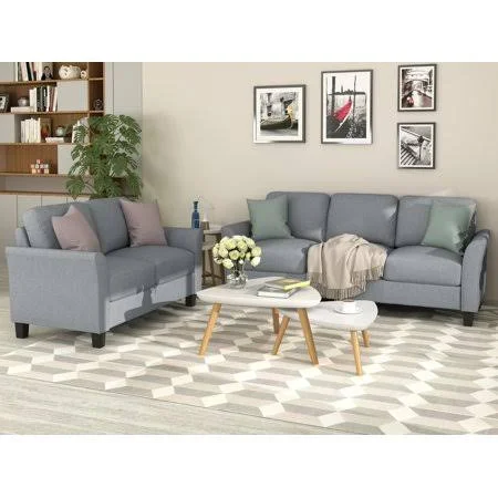 2 Pieces Living Room Furniture Set - Loveseat Sofa and 3-Seat Sofa Couches, Linen Fabric Upholstered Sofa Set, Living Room Set Fu
