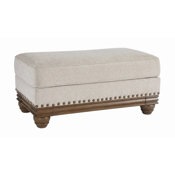 Benjara BM206321 Nailhead Trim Fabric Upholstered Ottoman with Turned Legs Light Gray