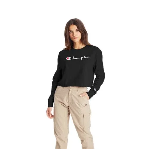 Champion Womens Boyfriend Long Sleeve Cropped T-Shirt - Black/Black Size S