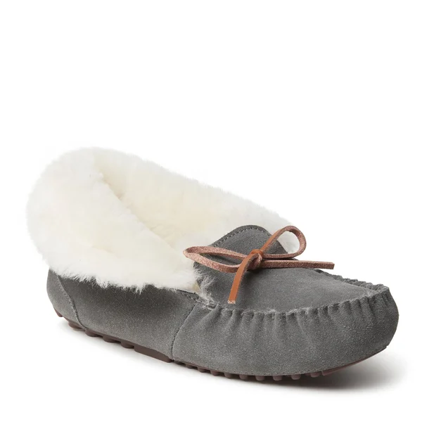 Dearfoams Women's Fireside Brisbane Shearling Moccasin Slipper, Size: 11, Grey Suede