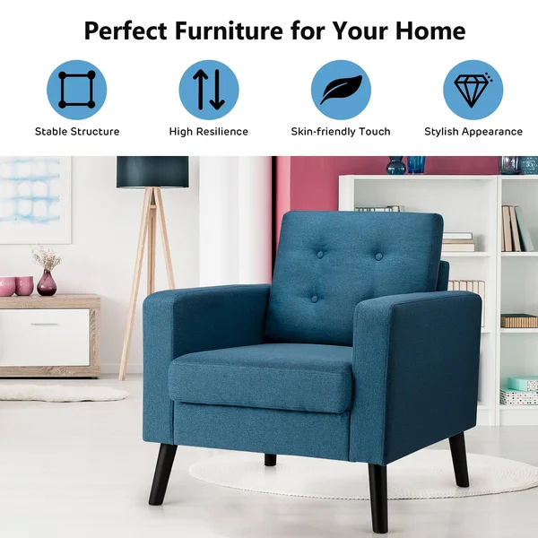 Costway Modern Tufted Accent Chair Fabric Armchair Single Sofa w/ Rubber Wood Legs Blue
