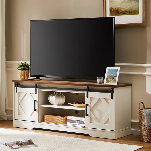 Wampat Farmhouse Sliding Barn Door TV Stand White 59x22