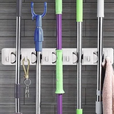 Wall-Mounted Mop Holder Hanger with 5 Positions, White in, White Rebrilliant